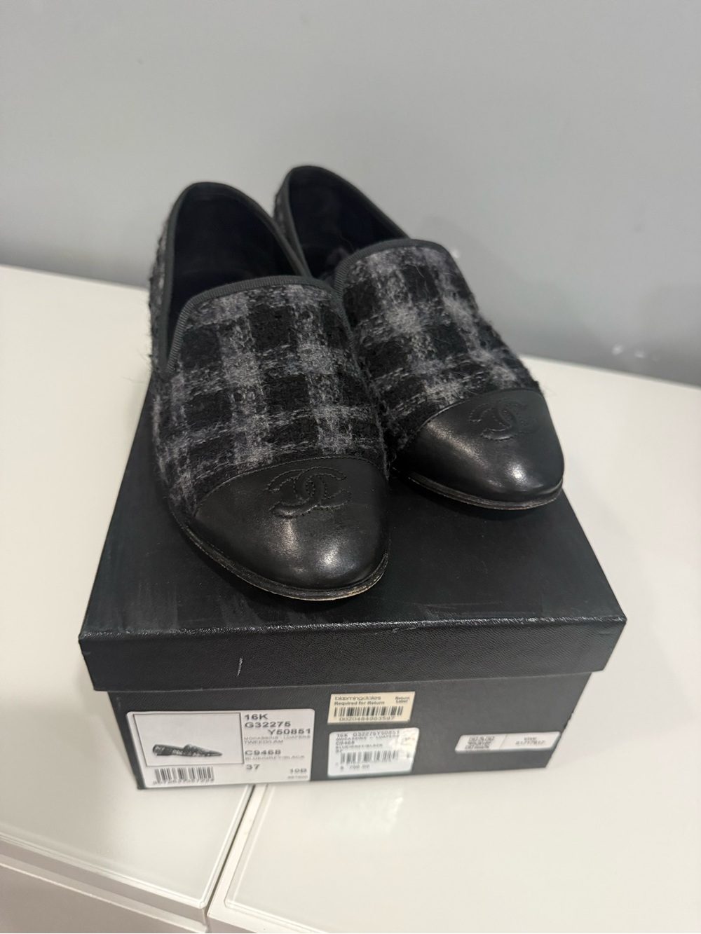 CHANEL Black & Gray Plaid Tweed Cap-Toe Slip-Ons